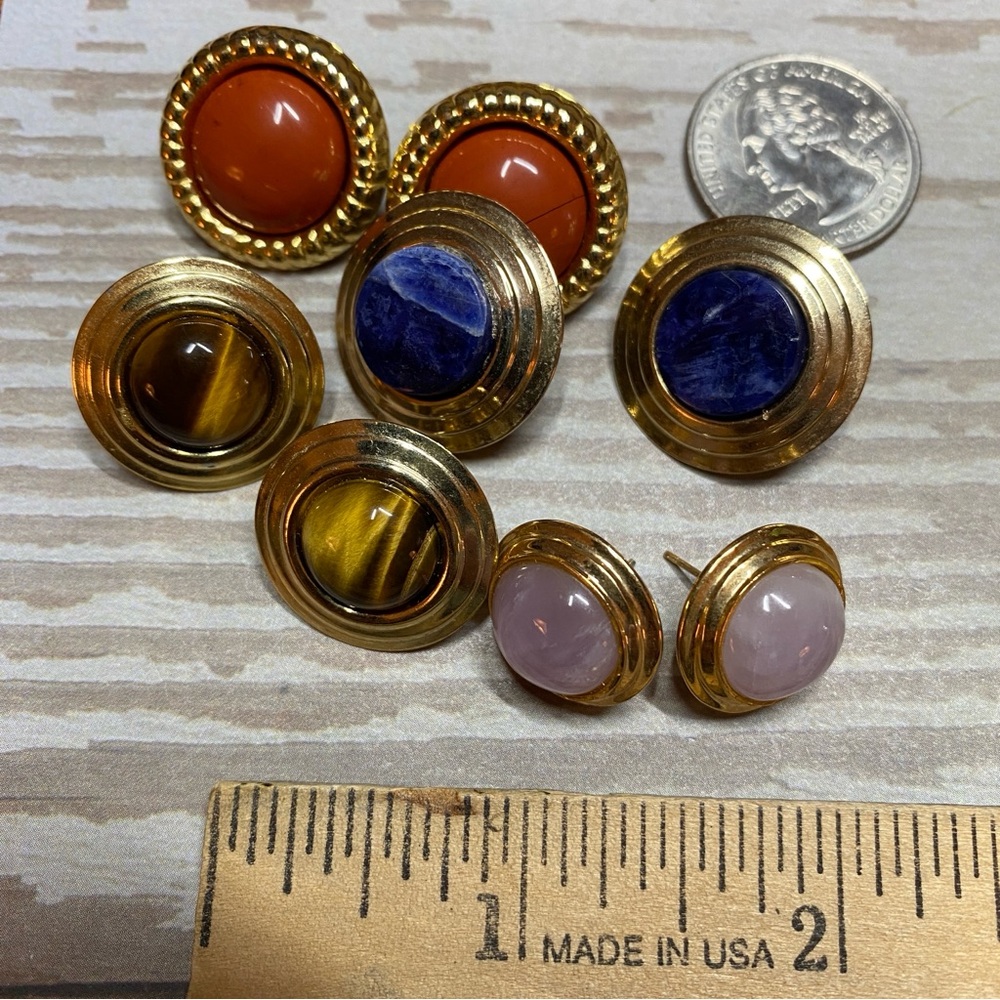 Vintage gemstone gold pierced earring lot - Picture 2 of 3